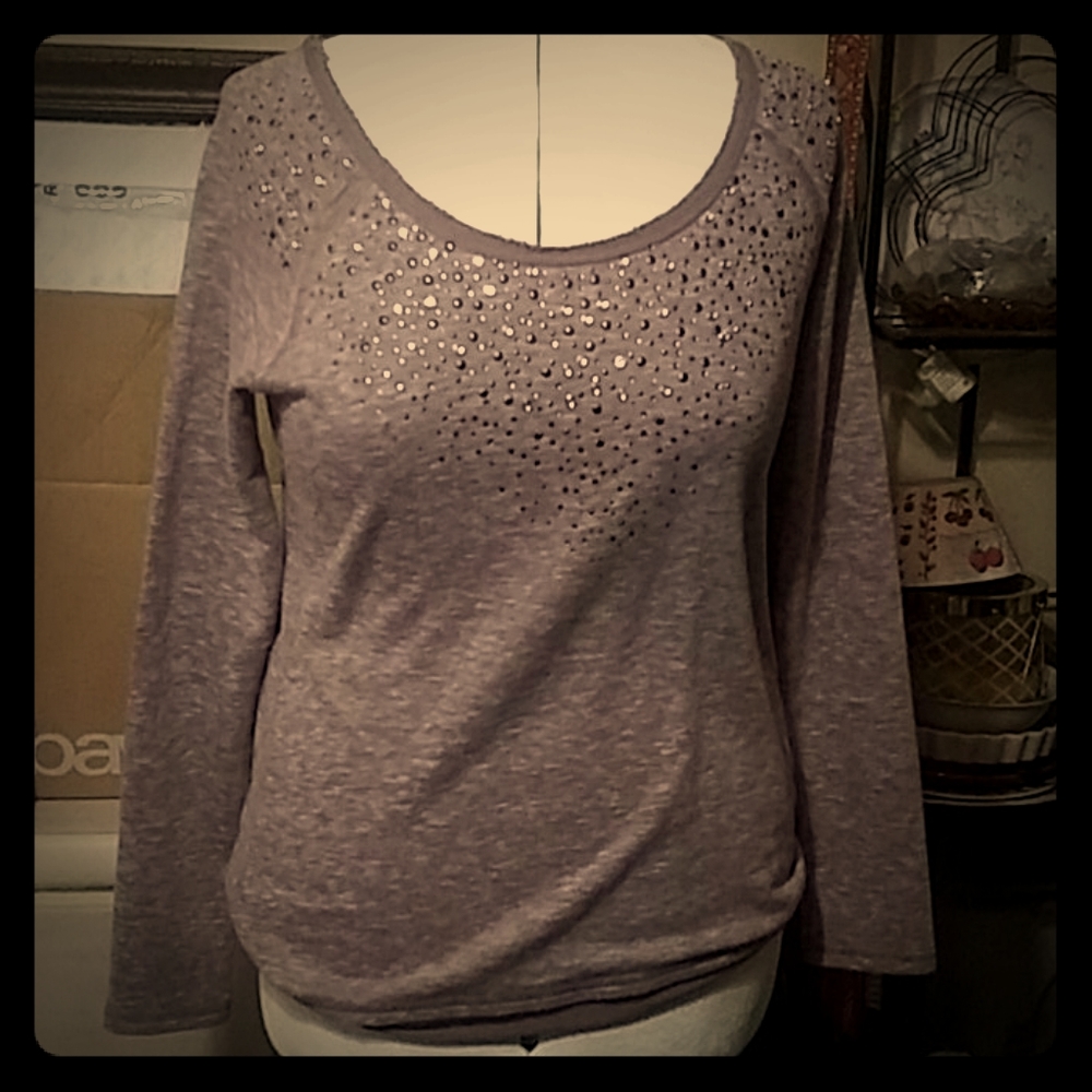 Long-sleeve jeweled neck poly-cotton sweater